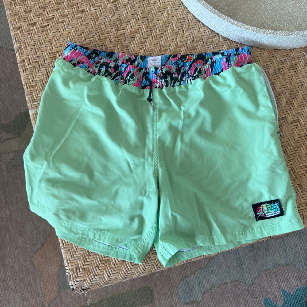 Men's Green Swim Trunks with Patterned Waistband